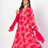 Pink Floral Printed Anarkali Set with Embroidered Work - Anvi Couture