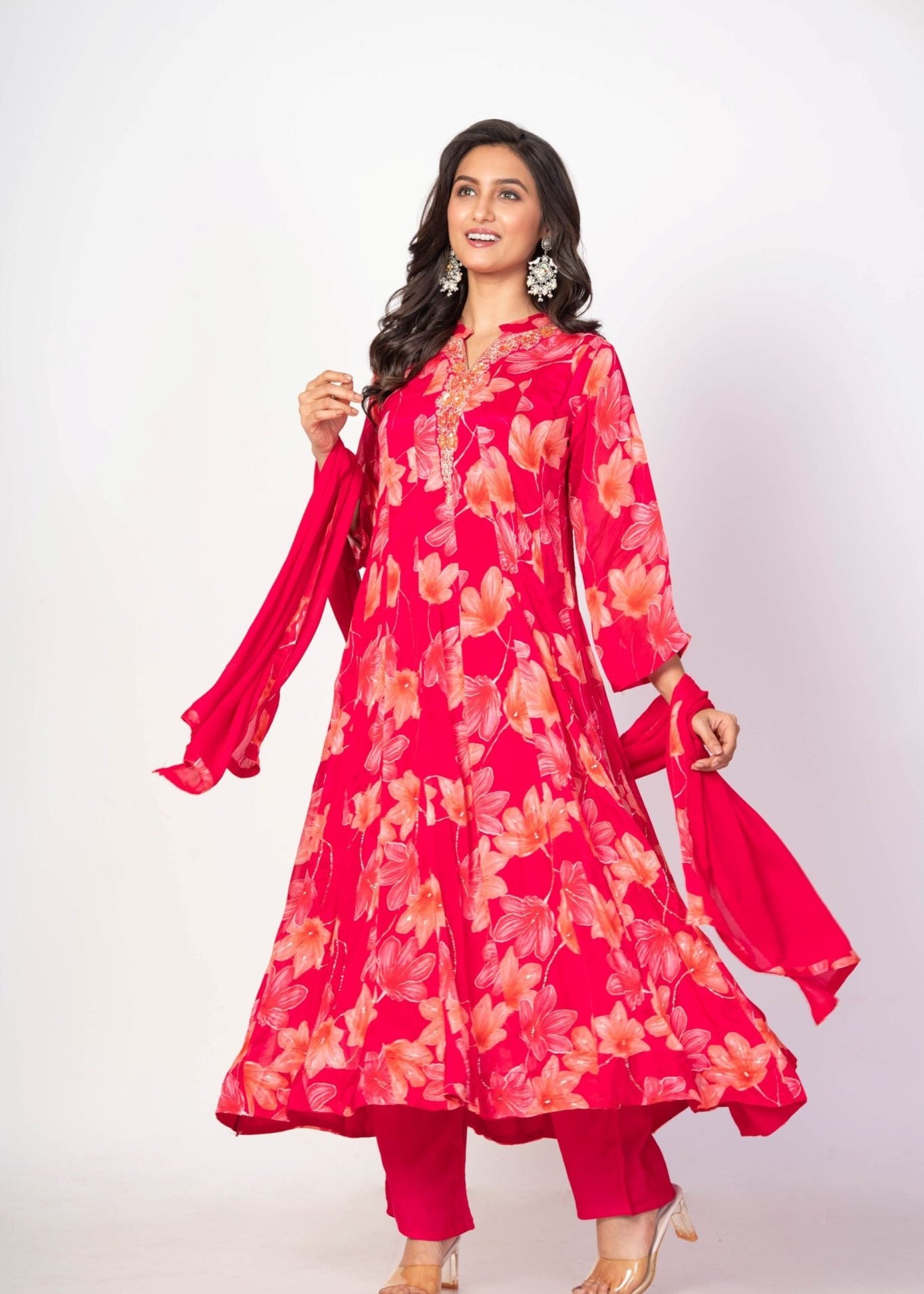 Pink Floral Printed Anarkali Set with Embroidered Work - Anvi Couture