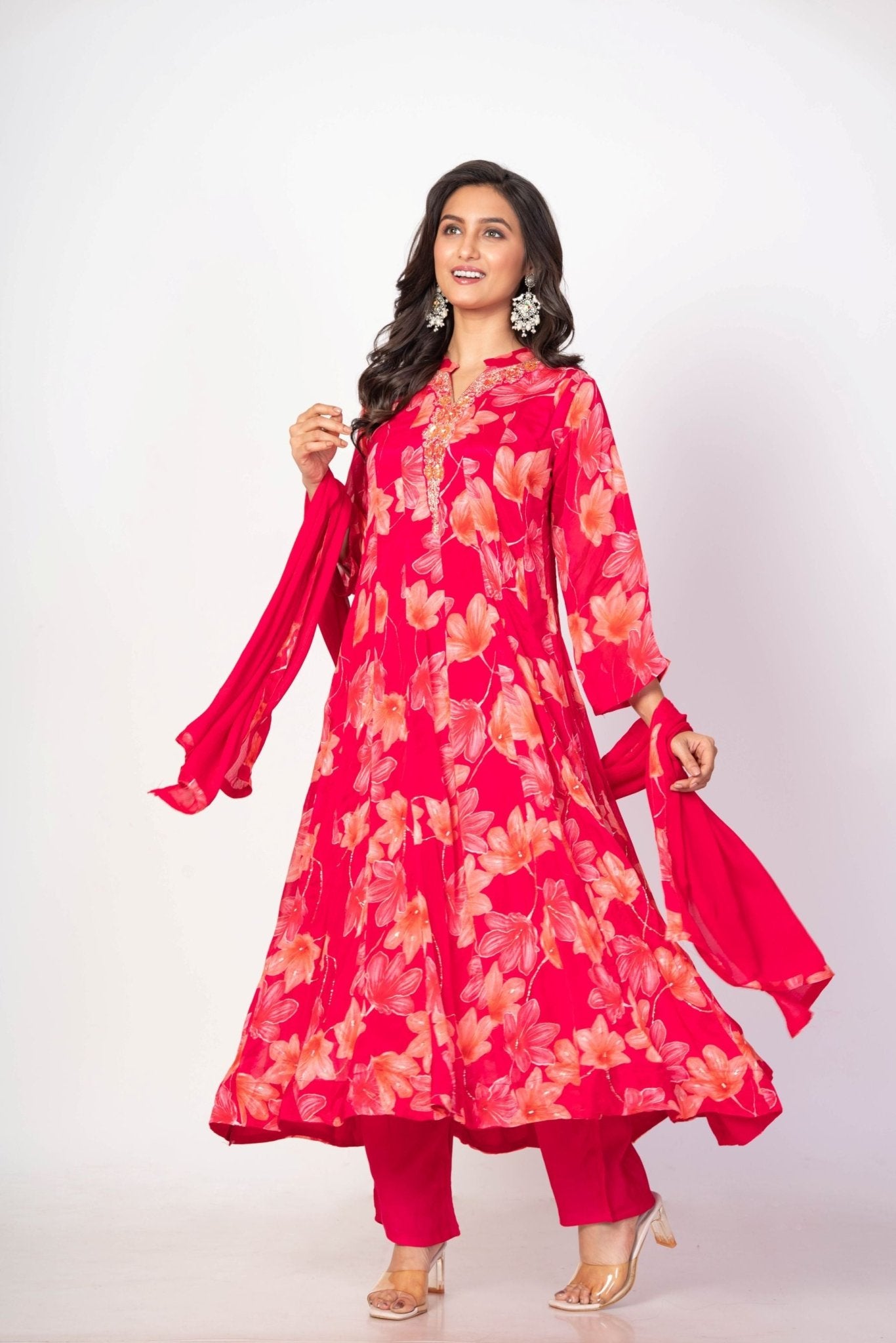 Pink Floral Printed Anarkali Set with Embroidered Work - Anvi Couture
