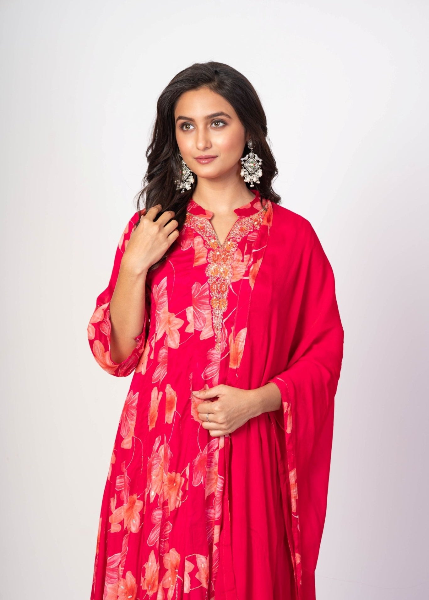 Pink Floral Printed Anarkali Set with Embroidered Work - Anvi Couture