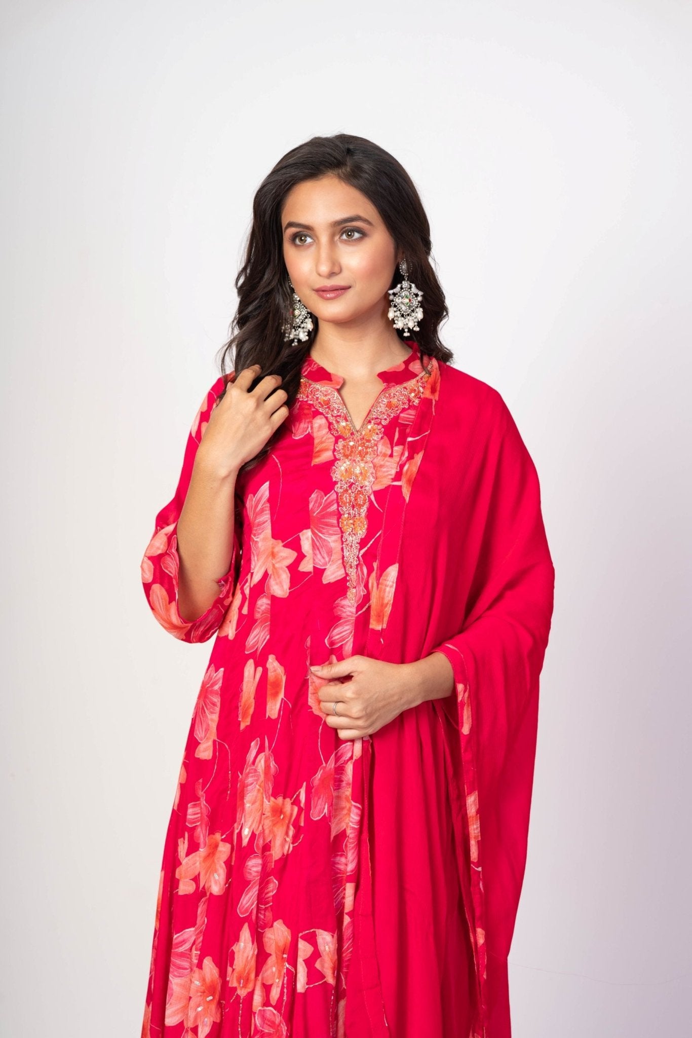 Pink Floral Printed Anarkali Set with Embroidered Work - Anvi Couture