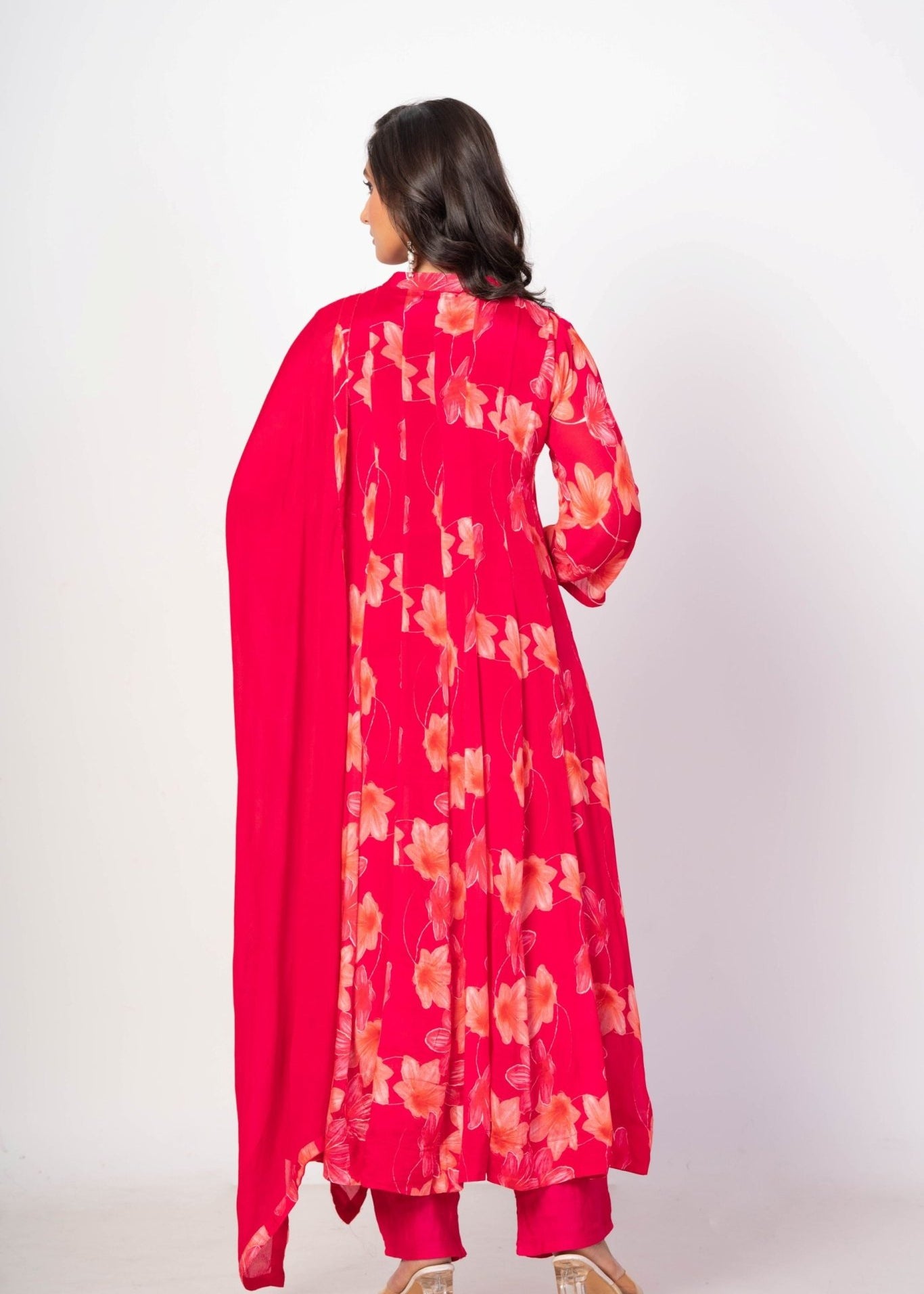Pink Floral Printed Anarkali Set with Embroidered Work - Anvi Couture