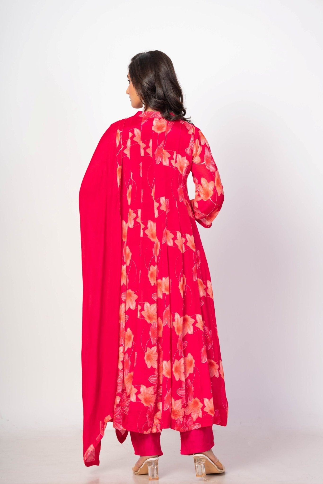 Pink Floral Printed Anarkali Set with Embroidered Work - Anvi Couture