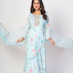 Sky Blue Floral Printed Anarkali Set with Embroidered Work - Anvi Couture