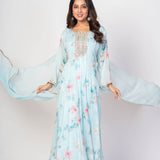 Sky Blue Floral Printed Anarkali Set with Embroidered Work - Anvi Couture