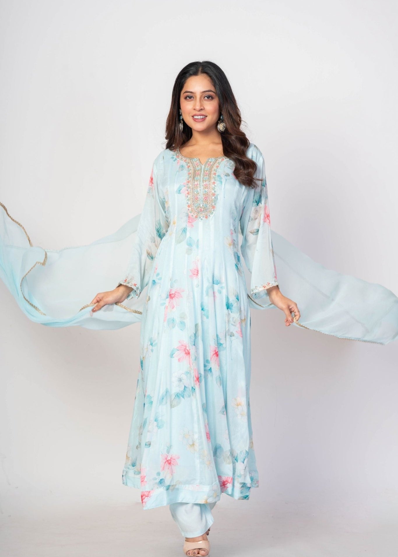 Sky Blue Floral Printed Anarkali Set with Embroidered Work - Anvi Couture