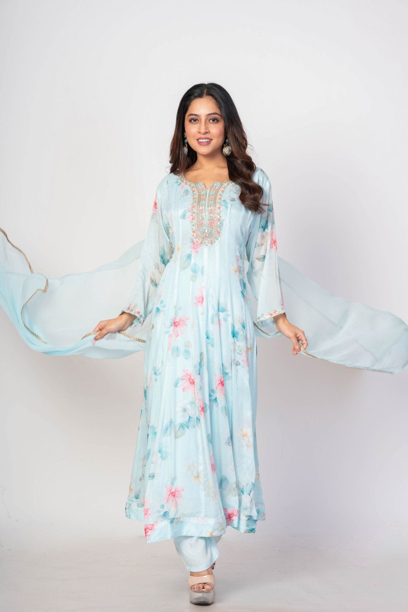 Sky Blue Floral Printed Anarkali Set with Embroidered Work - Anvi Couture