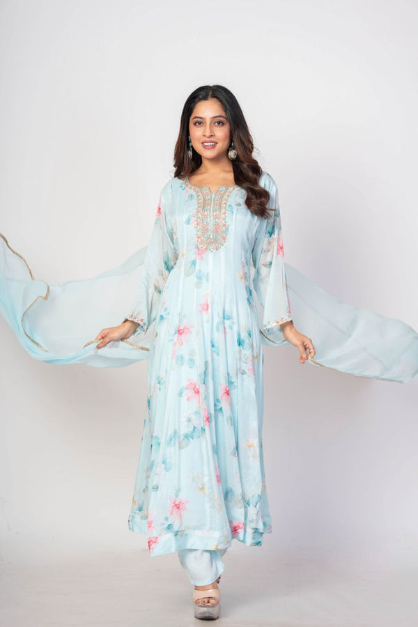 Sky Blue Floral Printed Anarkali Set with Embroidered Work - Anvi Couture Image 1