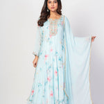 Sky Blue Floral Printed Anarkali Set with Embroidered Work - Anvi Couture