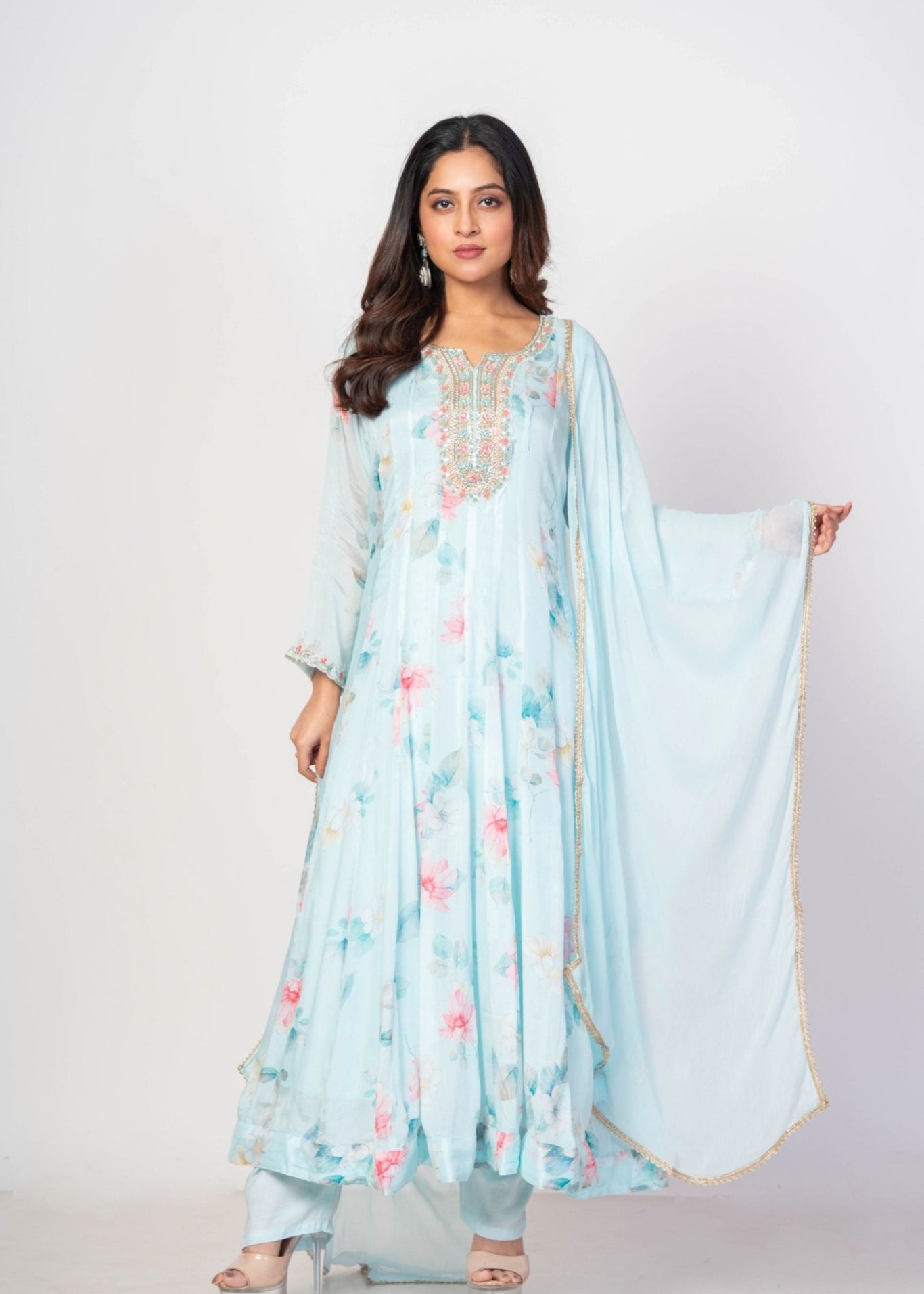Sky Blue Floral Printed Anarkali Set with Embroidered Work - Anvi Couture