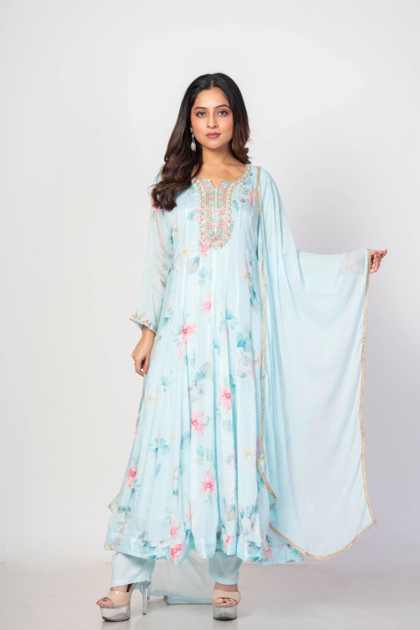 Sky Blue Floral Printed Anarkali Set with Embroidered Work - Anvi Couture