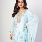Sky Blue Floral Printed Anarkali Set with Embroidered Work - Anvi Couture