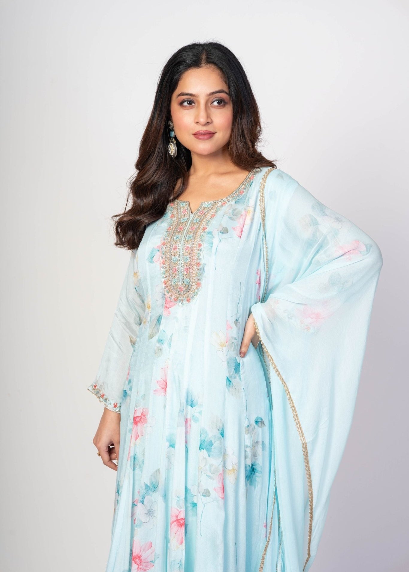 Sky Blue Floral Printed Anarkali Set with Embroidered Work - Anvi Couture
