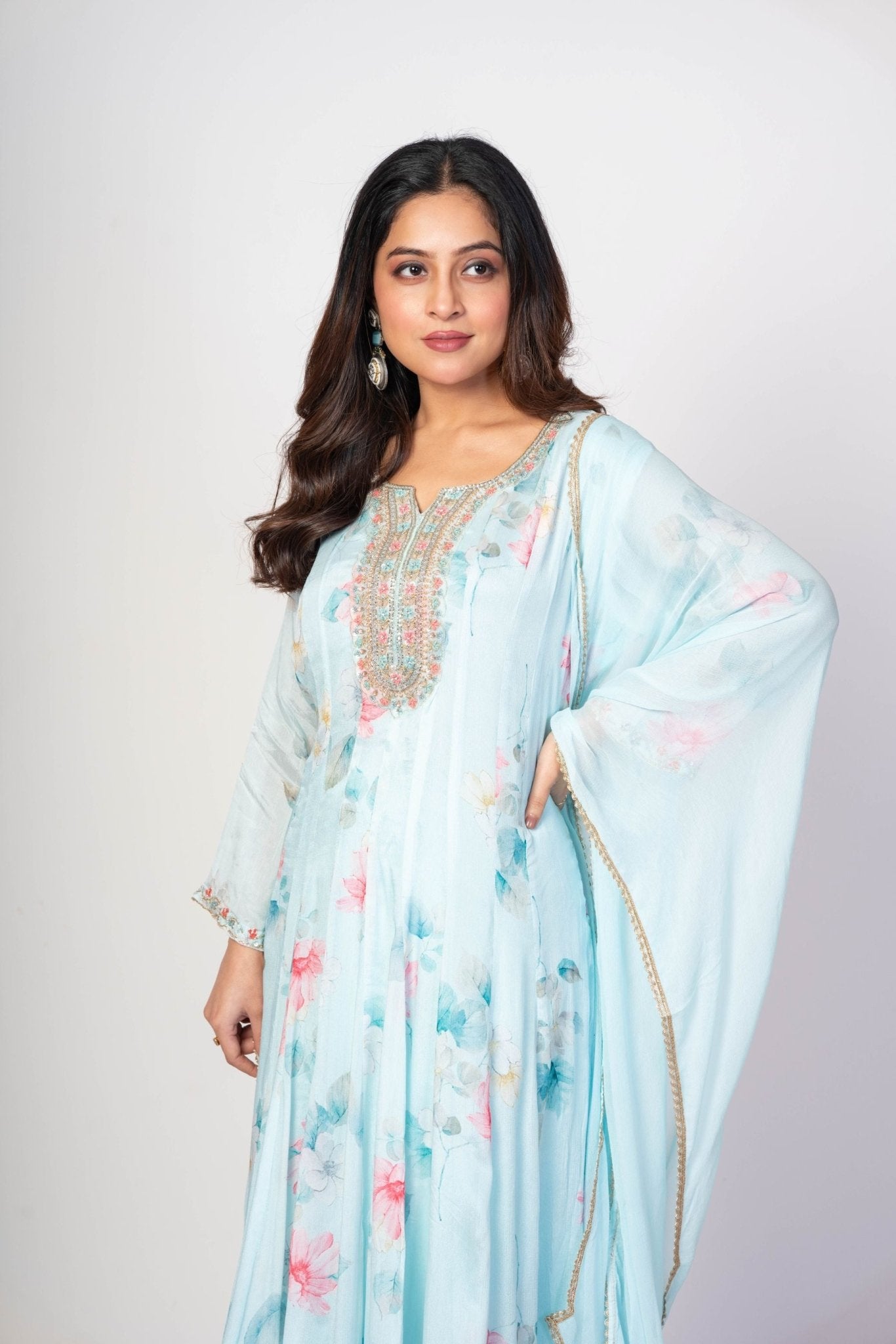 Sky Blue Floral Printed Anarkali Set with Embroidered Work - Anvi Couture