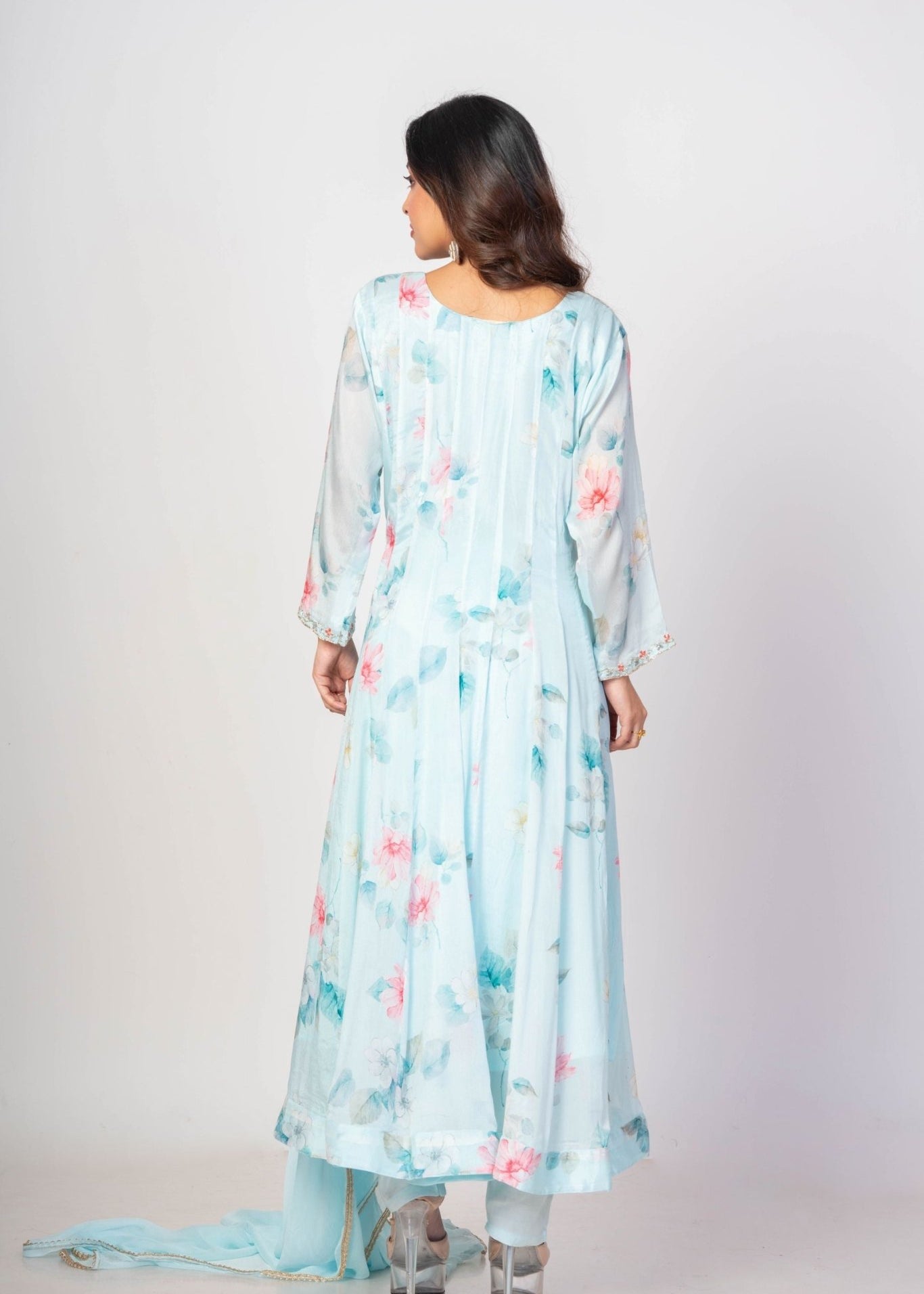 Sky Blue Floral Printed Anarkali Set with Embroidered Work - Anvi Couture