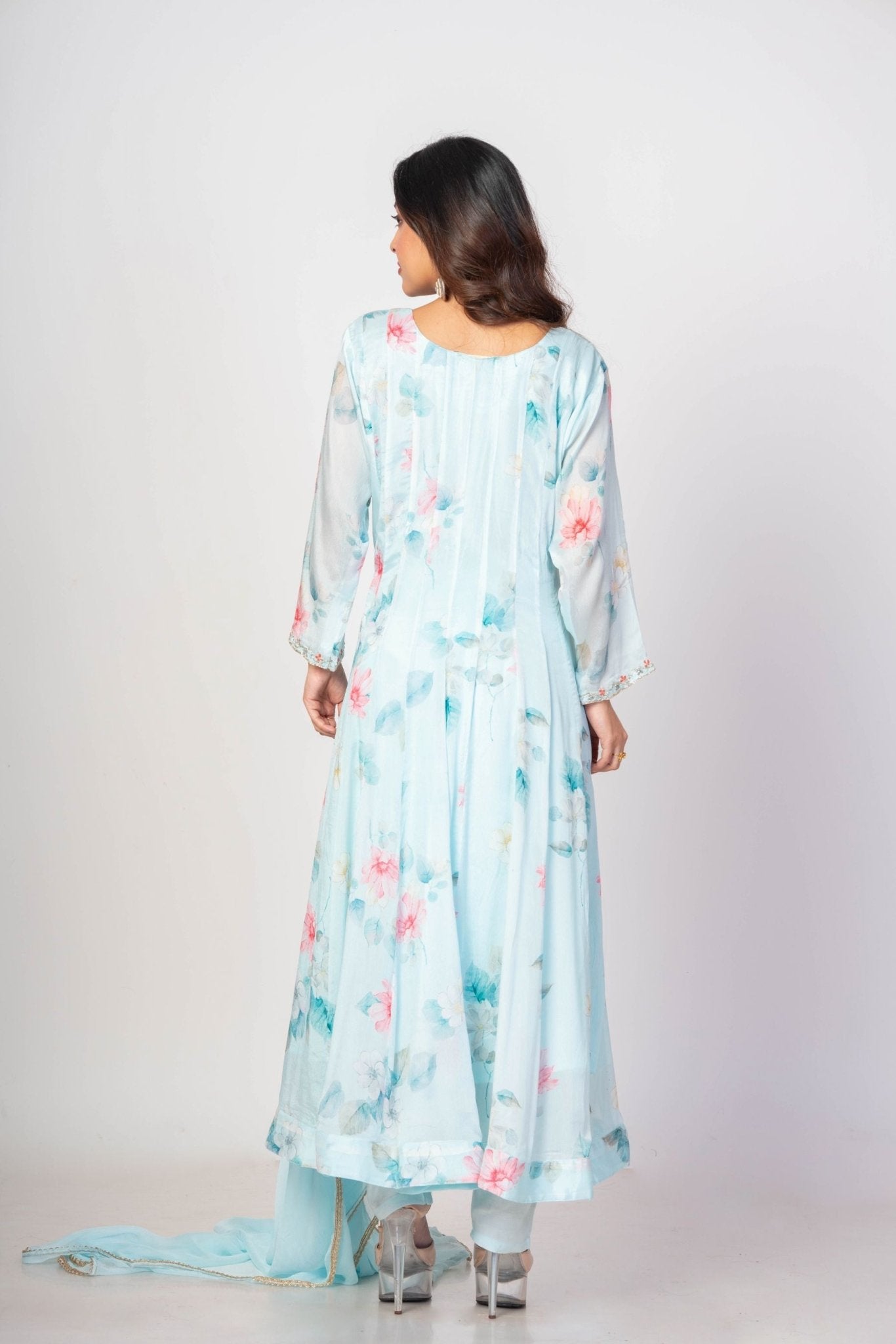 Sky Blue Floral Printed Anarkali Set with Embroidered Work - Anvi Couture