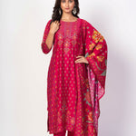 Royal Pink Printed Silk Kurta Set with Embroidered Work and Dupatta - Anvi Couture