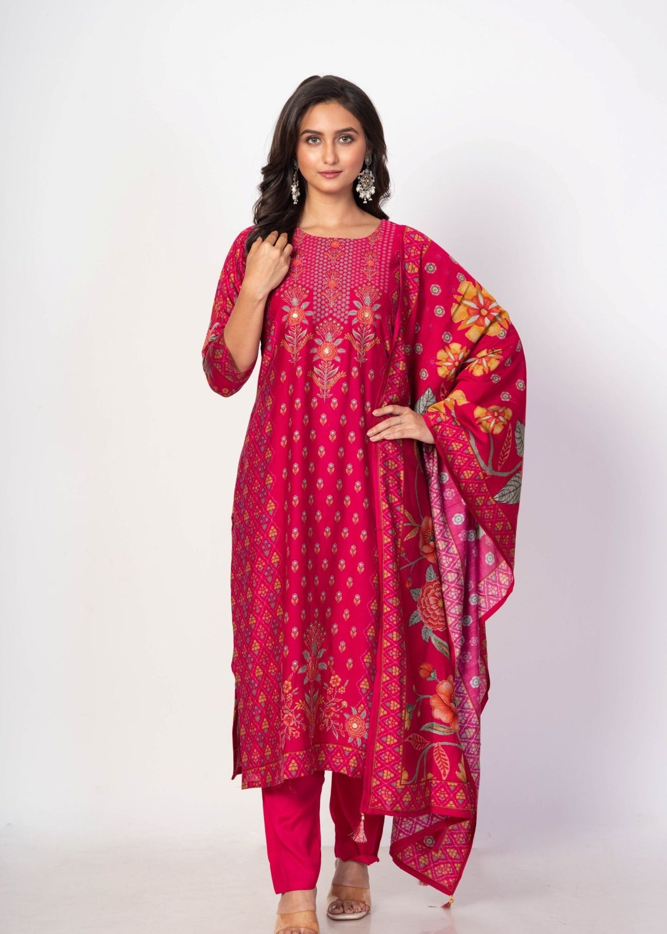 Royal Pink Printed Silk Kurta Set with Embroidered Work and Dupatta - Anvi Couture