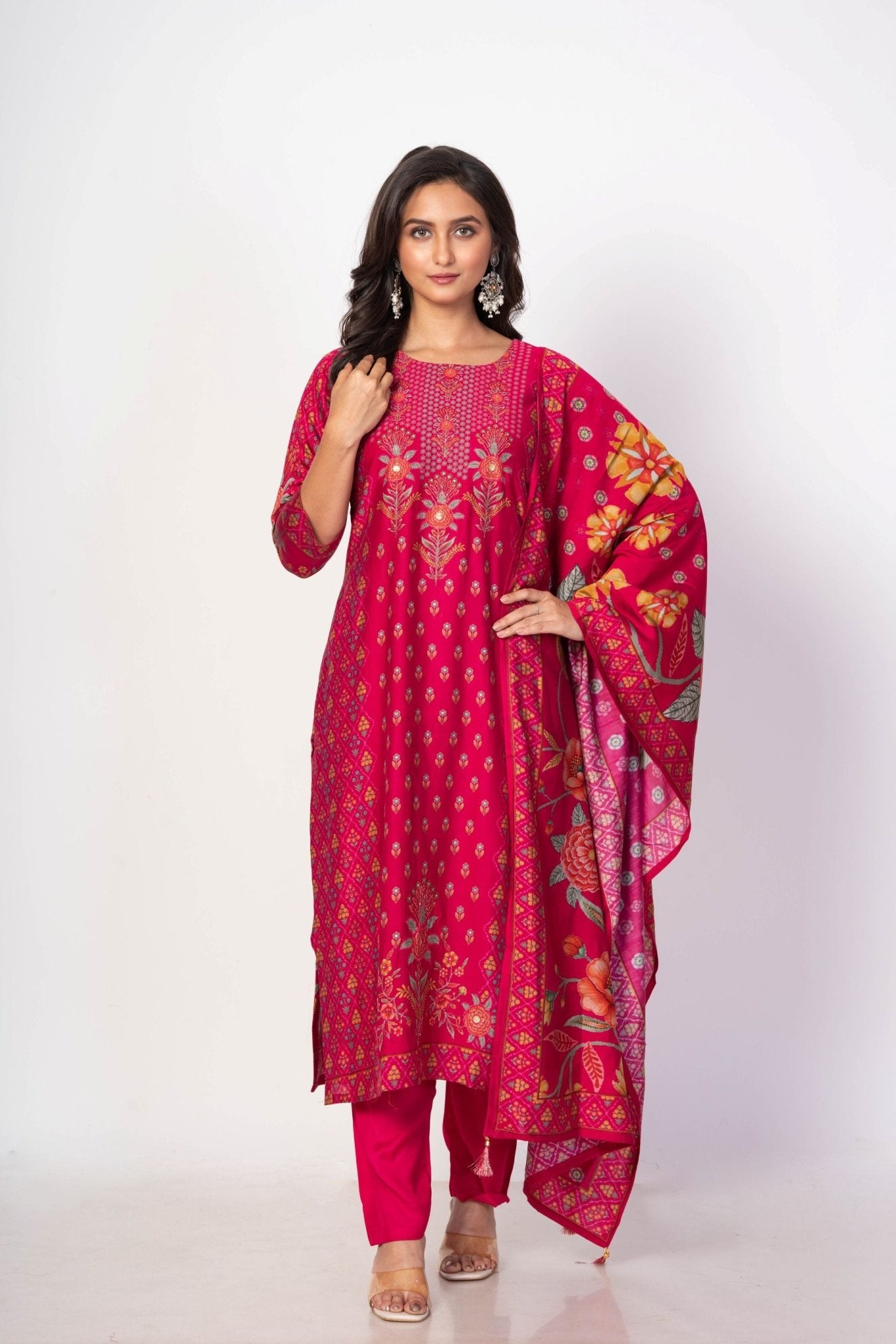 Royal Pink Printed Silk Kurta Set with Embroidered Work and Dupatta - Anvi Couture