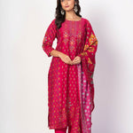 Royal Pink Printed Silk Kurta Set with Embroidered Work and Dupatta - Anvi Couture