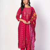 Royal Pink Printed Silk Kurta Set with Embroidered Work and Dupatta - Anvi Couture
