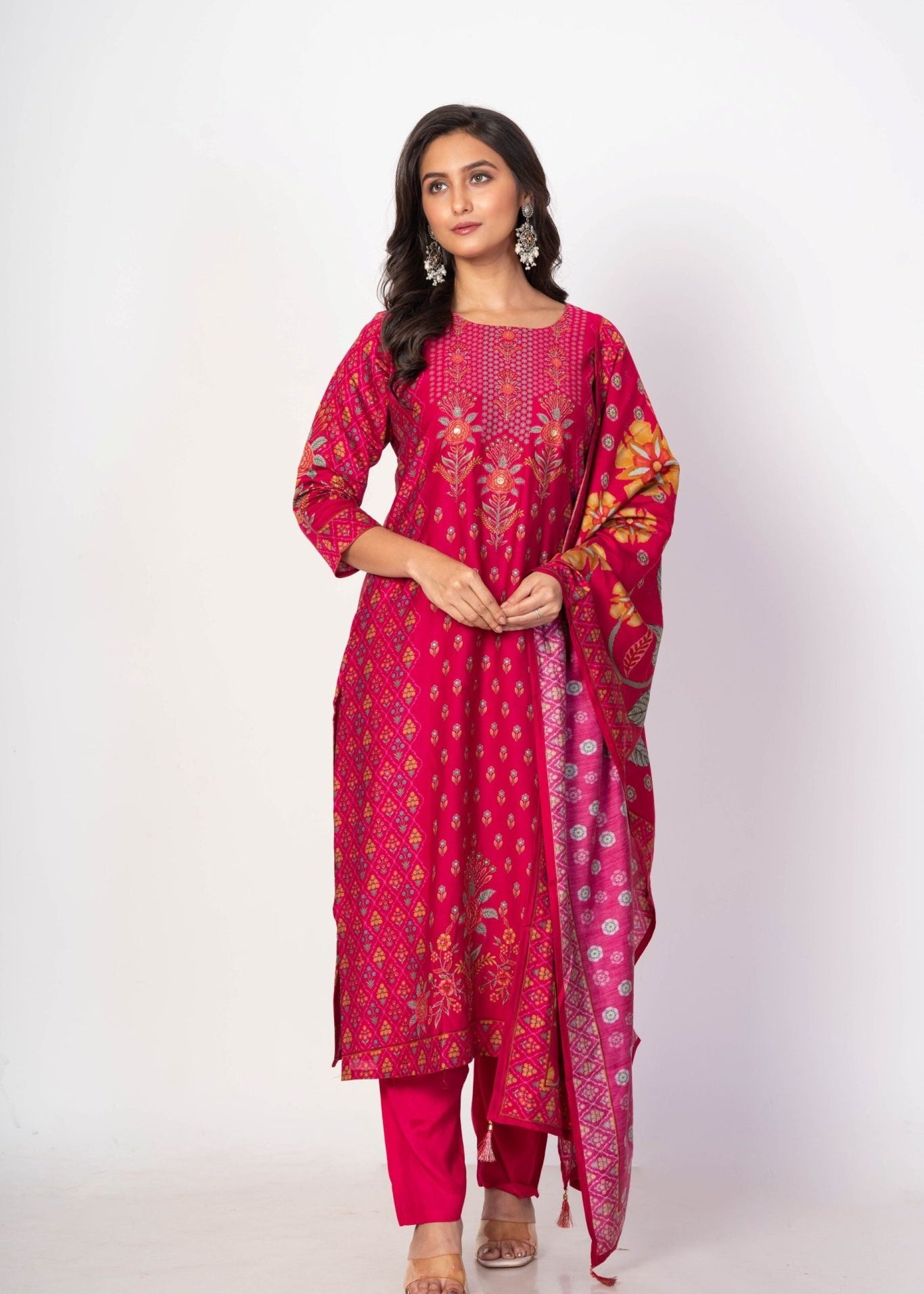 Royal Pink Printed Silk Kurta Set with Embroidered Work and Dupatta - Anvi Couture