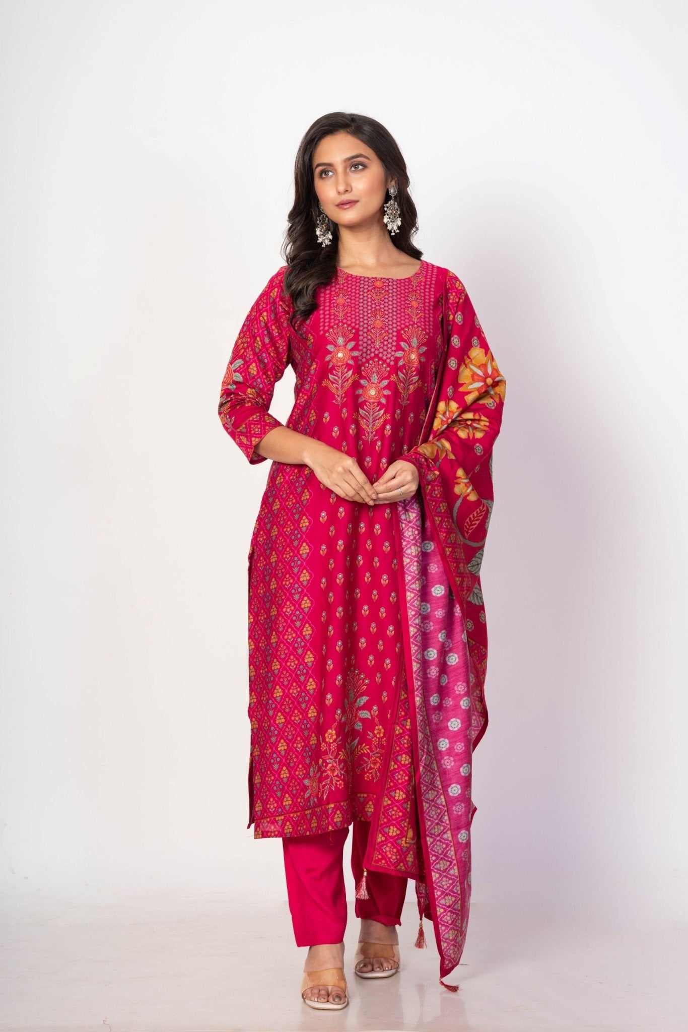 Royal Pink Printed Silk Kurta Set with Embroidered Work and Dupatta - Anvi Couture