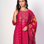 Royal Pink Printed Silk Kurta Set with Embroidered Work and Dupatta - Anvi Couture