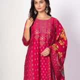 Royal Pink Printed Silk Kurta Set with Embroidered Work and Dupatta - Anvi Couture