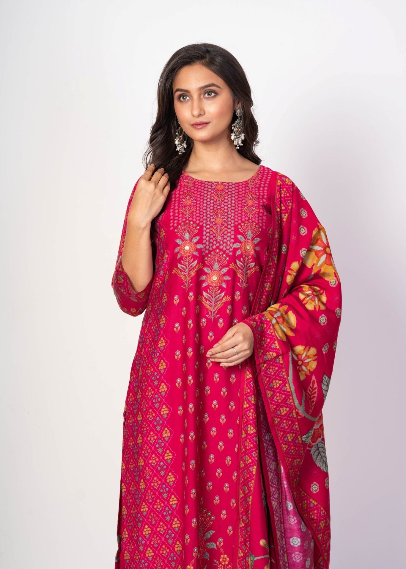 Royal Pink Printed Silk Kurta Set with Embroidered Work and Dupatta - Anvi Couture