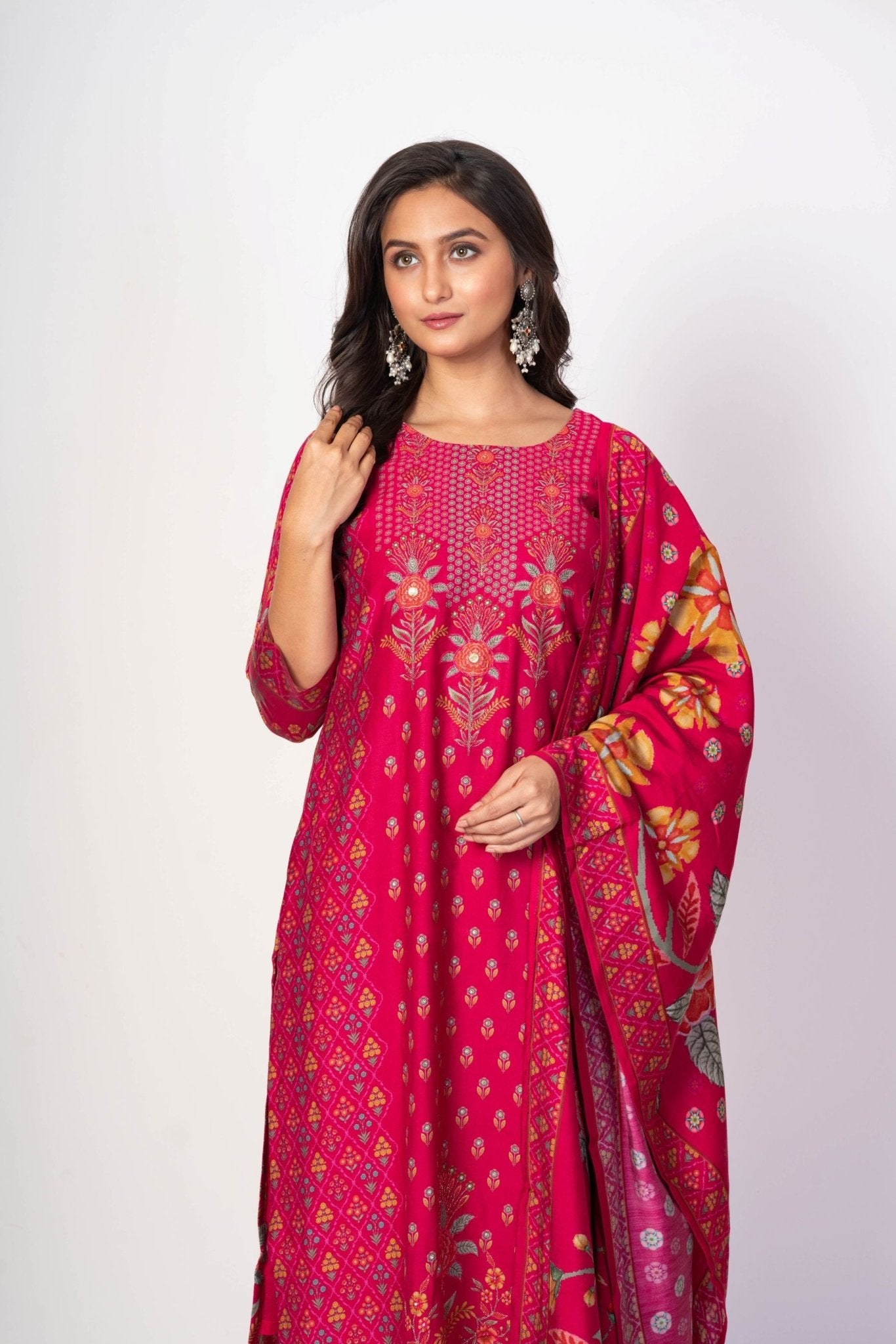 Royal Pink Printed Silk Kurta Set with Embroidered Work and Dupatta - Anvi Couture