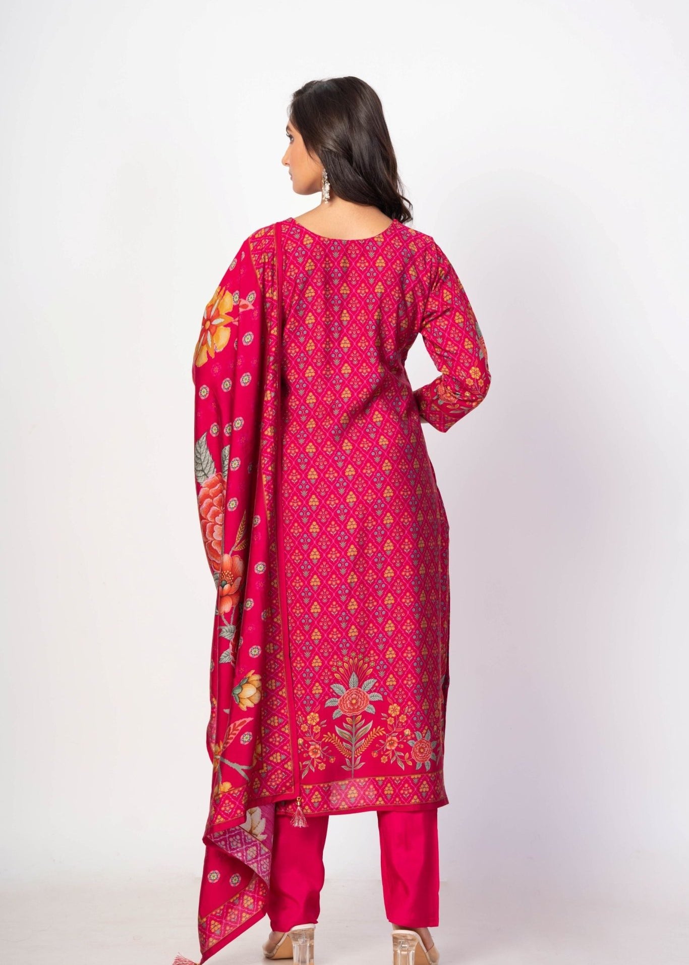 Royal Pink Printed Silk Kurta Set with Embroidered Work and Dupatta - Anvi Couture