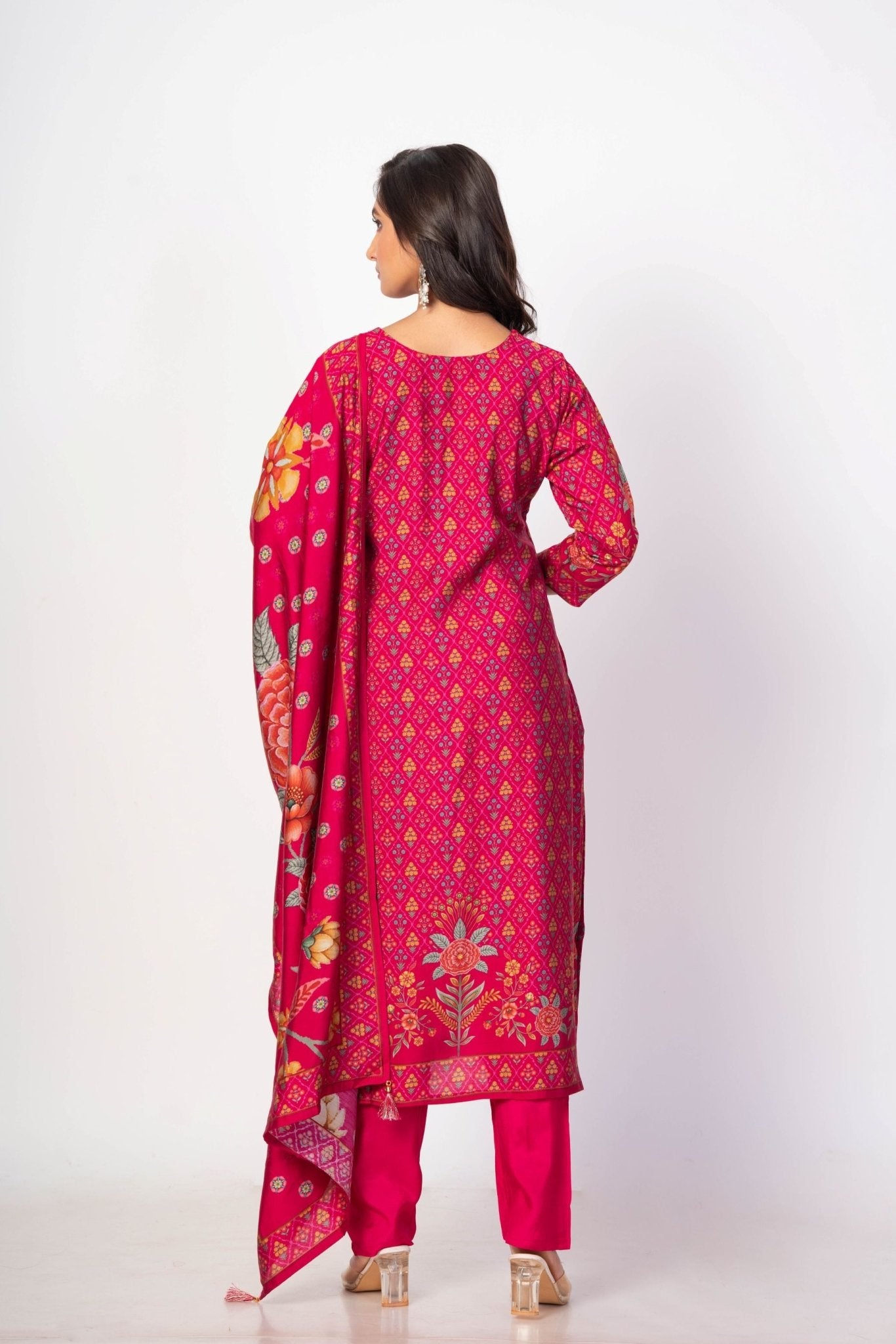 Royal Pink Printed Silk Kurta Set with Embroidered Work and Dupatta - Anvi Couture