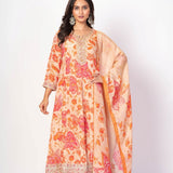 Beige and Orange Floral Printed Anarkali Set With Printed Dupatta - Anvi Couture