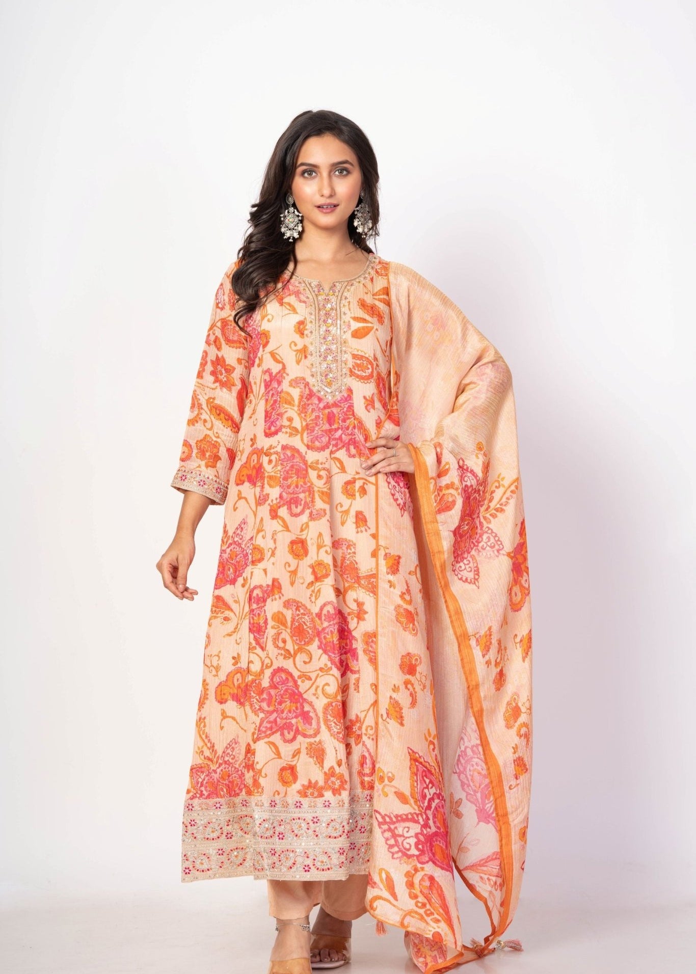 Beige and Orange Floral Printed Anarkali Set With Printed Dupatta - Anvi Couture