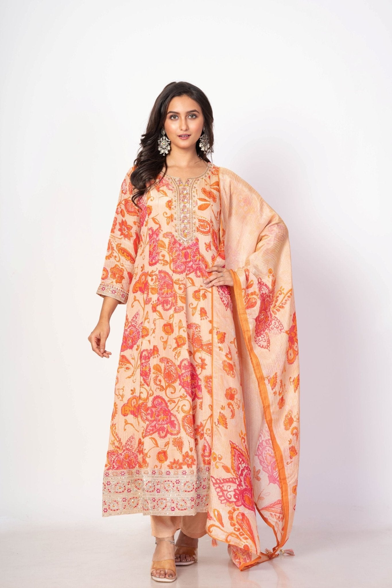 Beige and Orange Floral Printed Anarkali Set With Printed Dupatta - Anvi Couture
