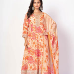 Beige and Orange Floral Printed Anarkali Set With Printed Dupatta - Anvi Couture