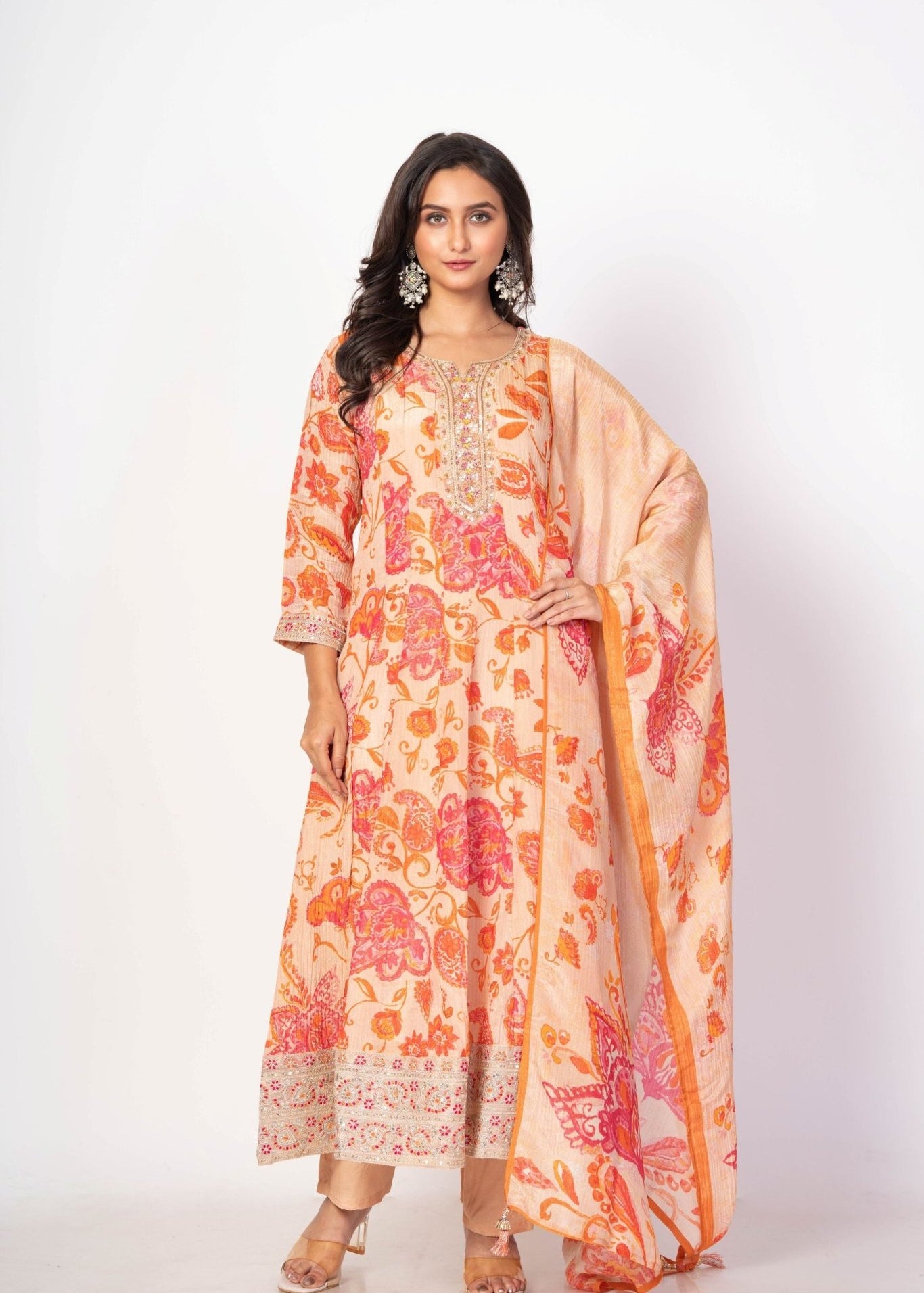 Beige and Orange Floral Printed Anarkali Set With Printed Dupatta - Anvi Couture