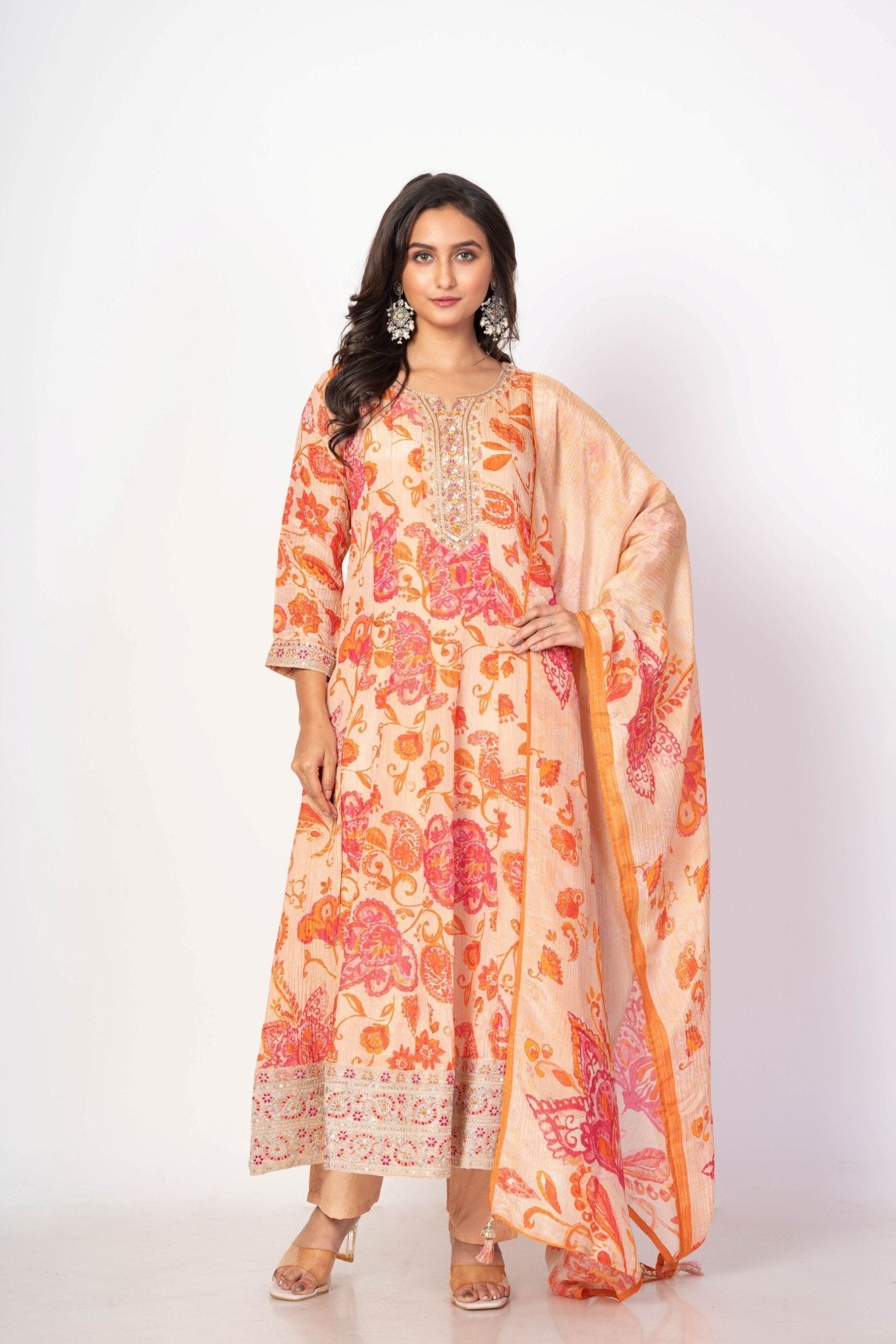 Beige and Orange Floral Printed Anarkali Set With Printed Dupatta - Anvi Couture