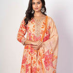 Beige and Orange Floral Printed Anarkali Set With Printed Dupatta - Anvi Couture