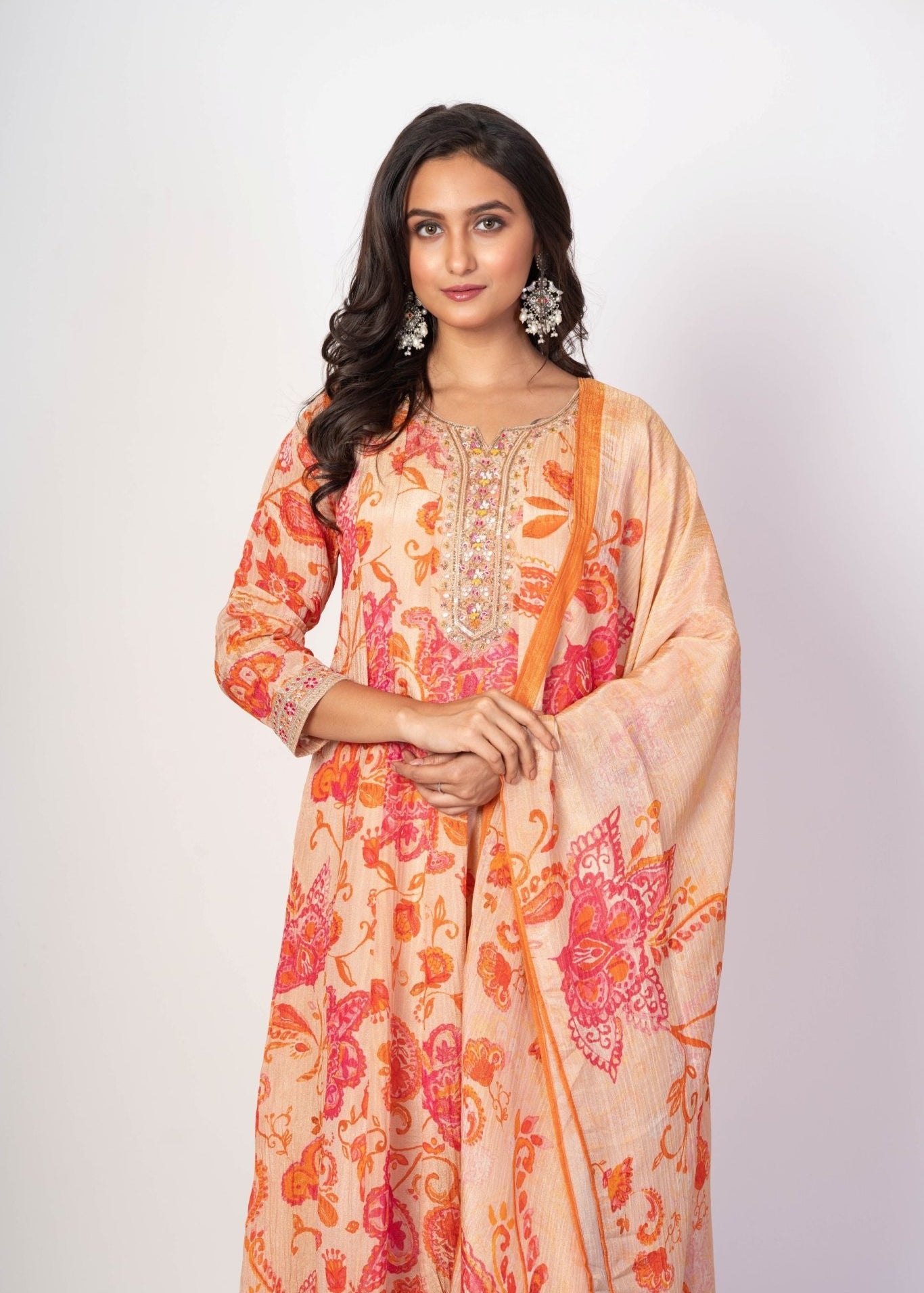 Beige and Orange Floral Printed Anarkali Set With Printed Dupatta - Anvi Couture