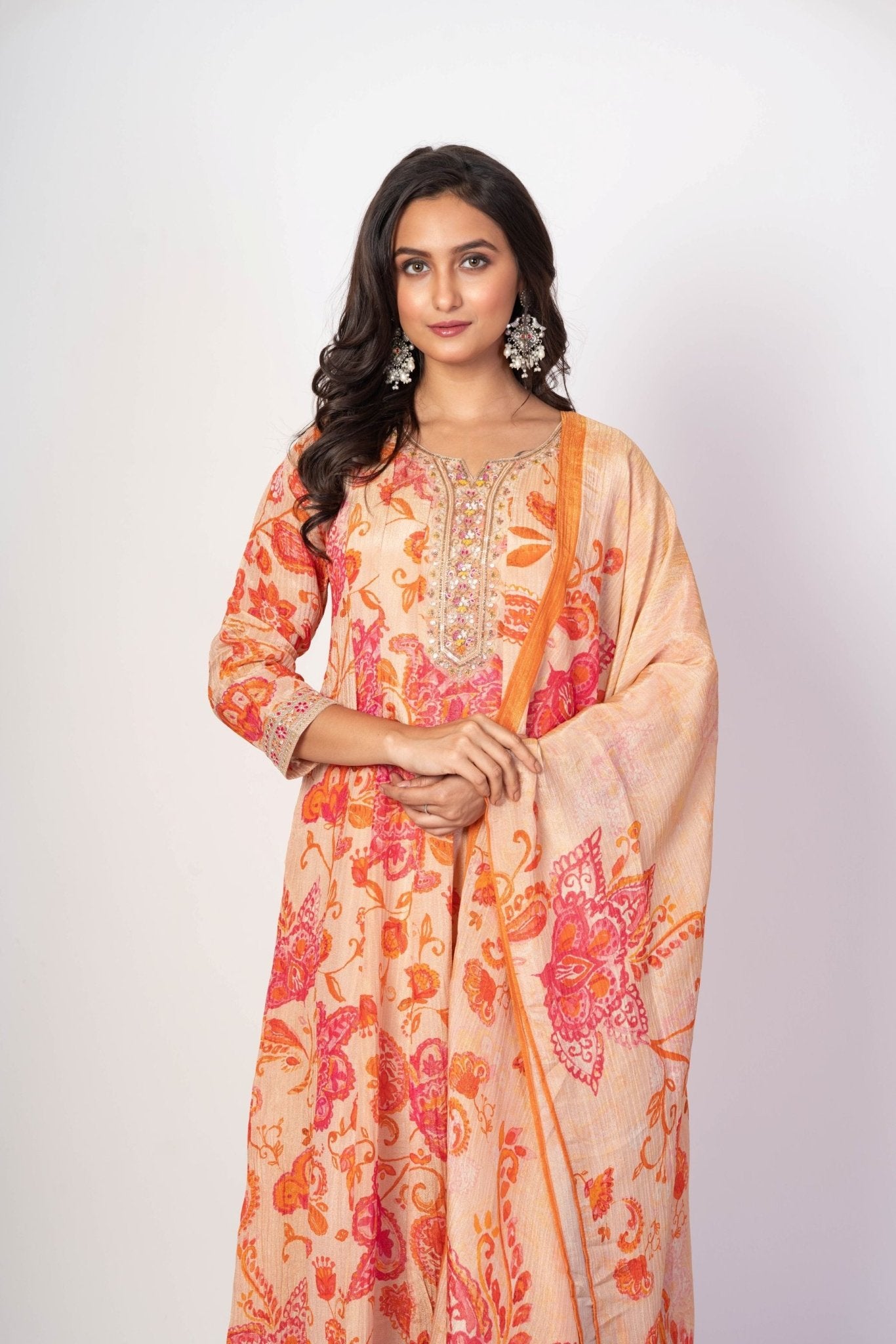 Beige and Orange Floral Printed Anarkali Set With Printed Dupatta - Anvi Couture