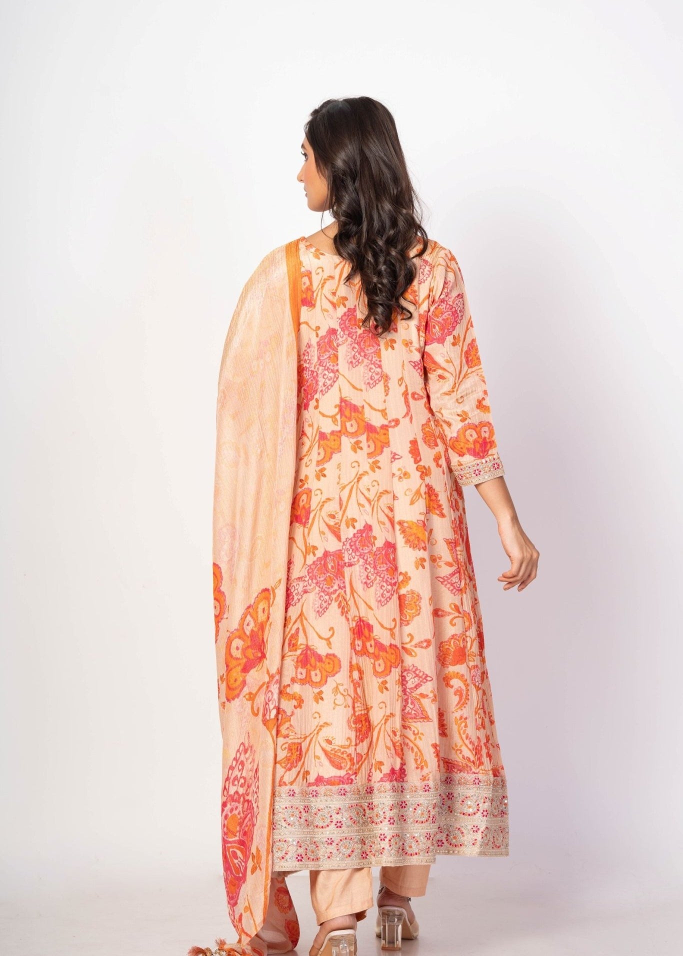 Beige and Orange Floral Printed Anarkali Set With Printed Dupatta - Anvi Couture