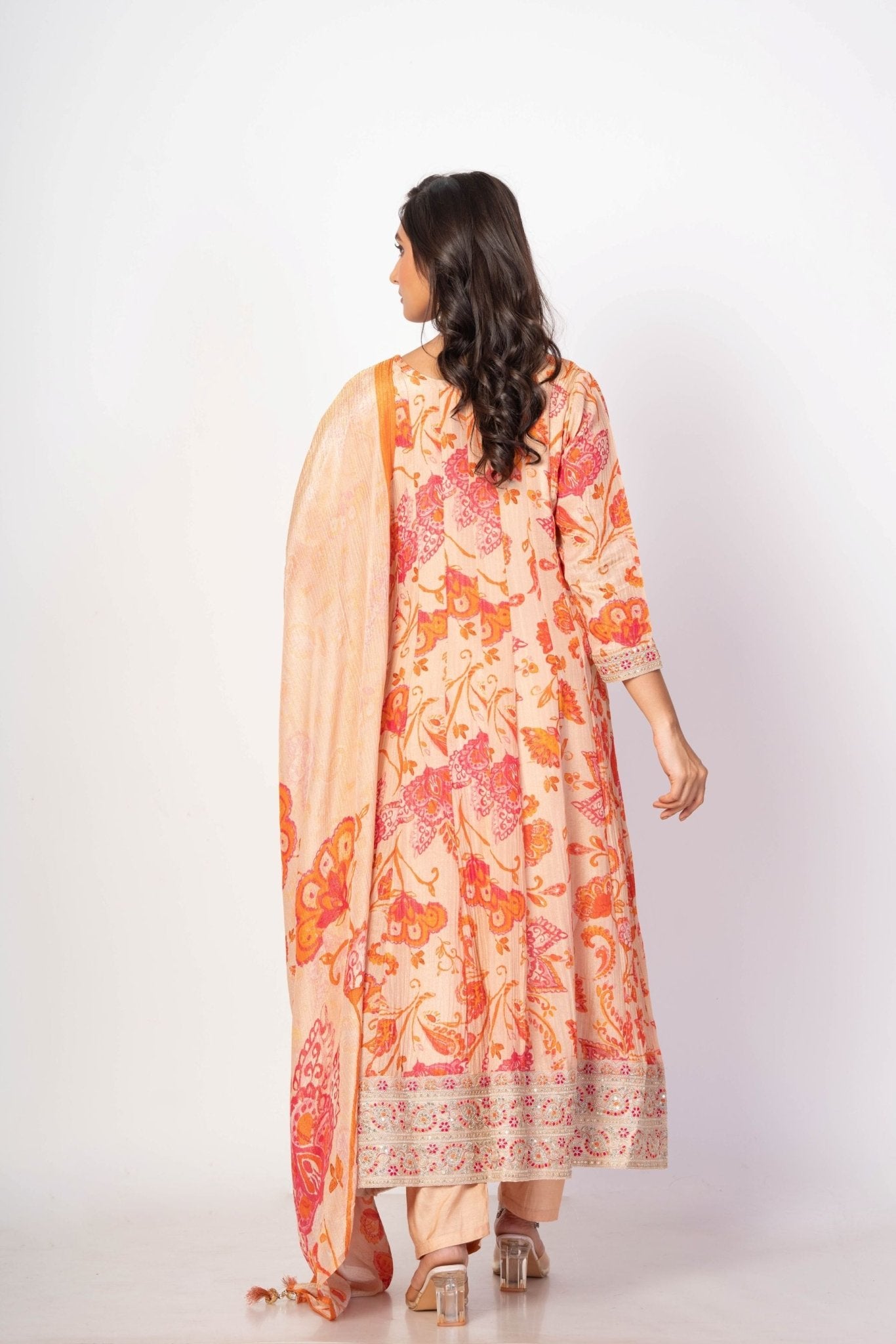 Beige and Orange Floral Printed Anarkali Set With Printed Dupatta - Anvi Couture