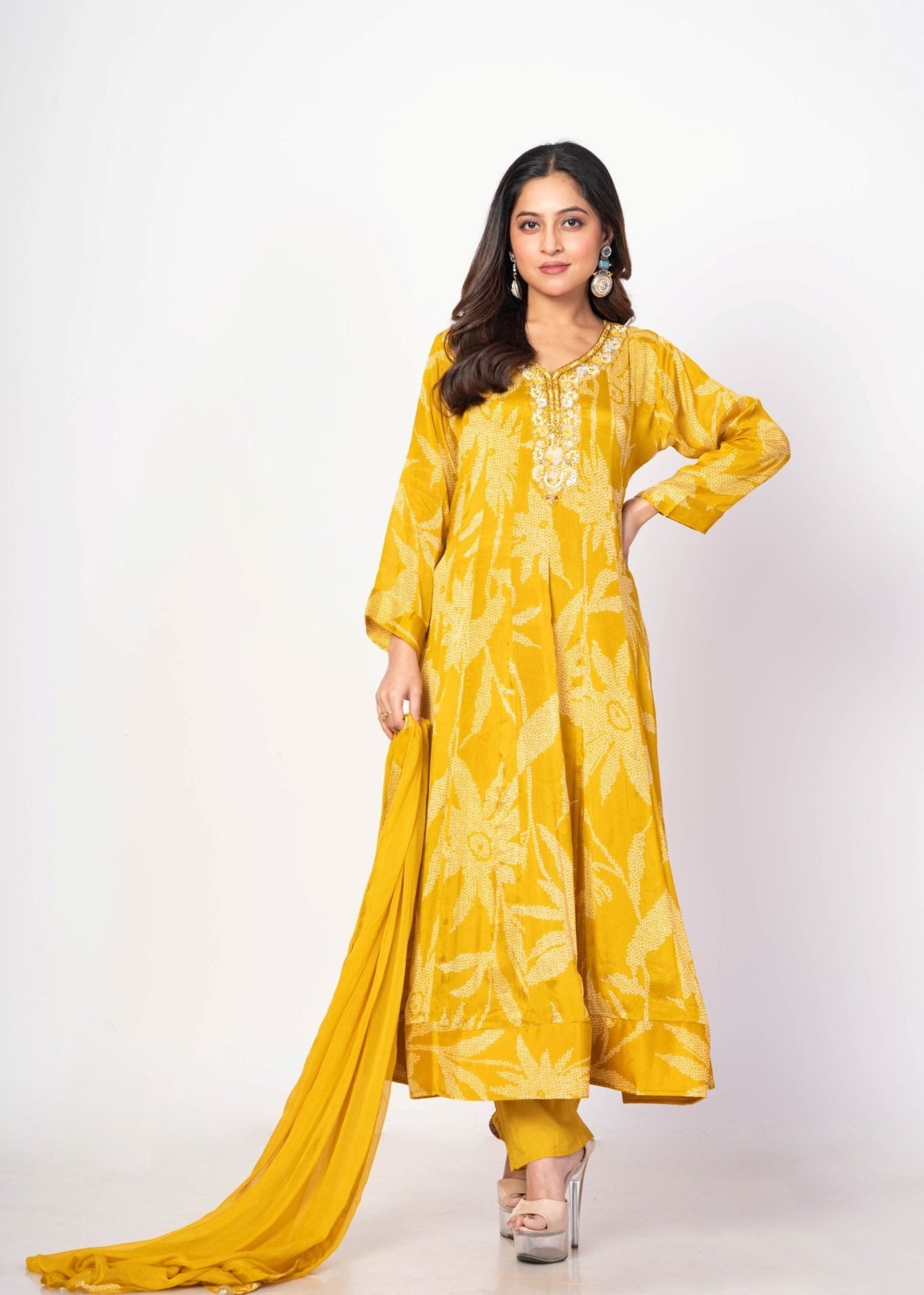 Yellow Printed Anarkali Set With Embroidered Work - Anvi Couture