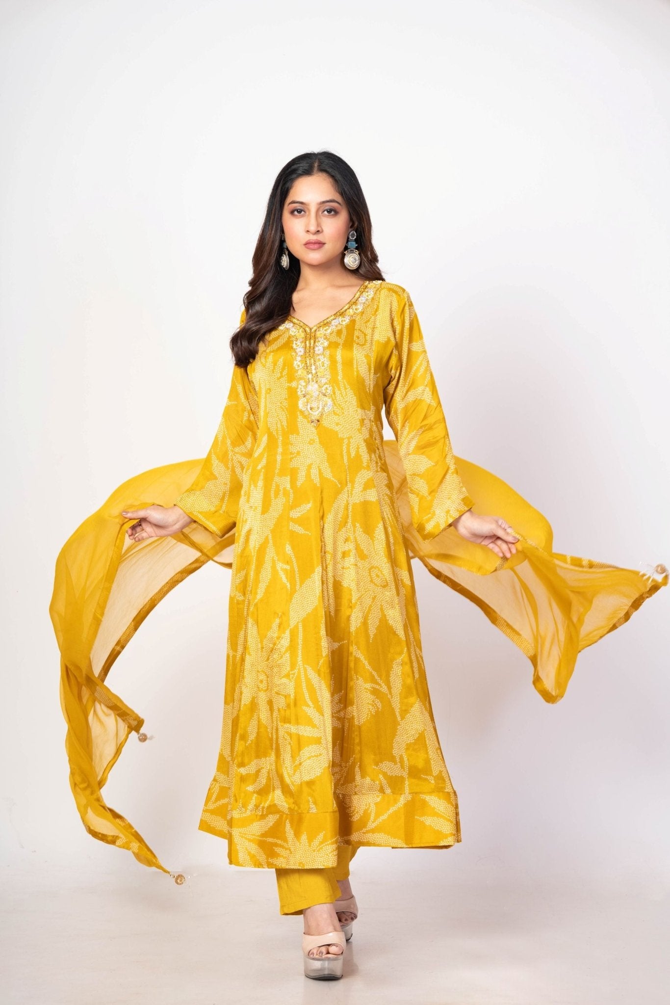 Yellow Printed Anarkali Set With Embroidered Work - Anvi Couture