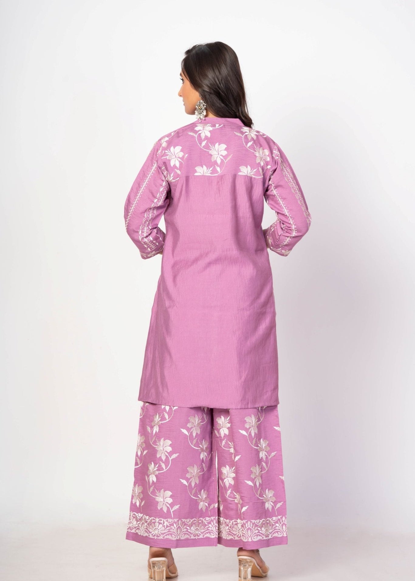 Purple Co - ord Set with White Embroidered Work - Anvi Couture