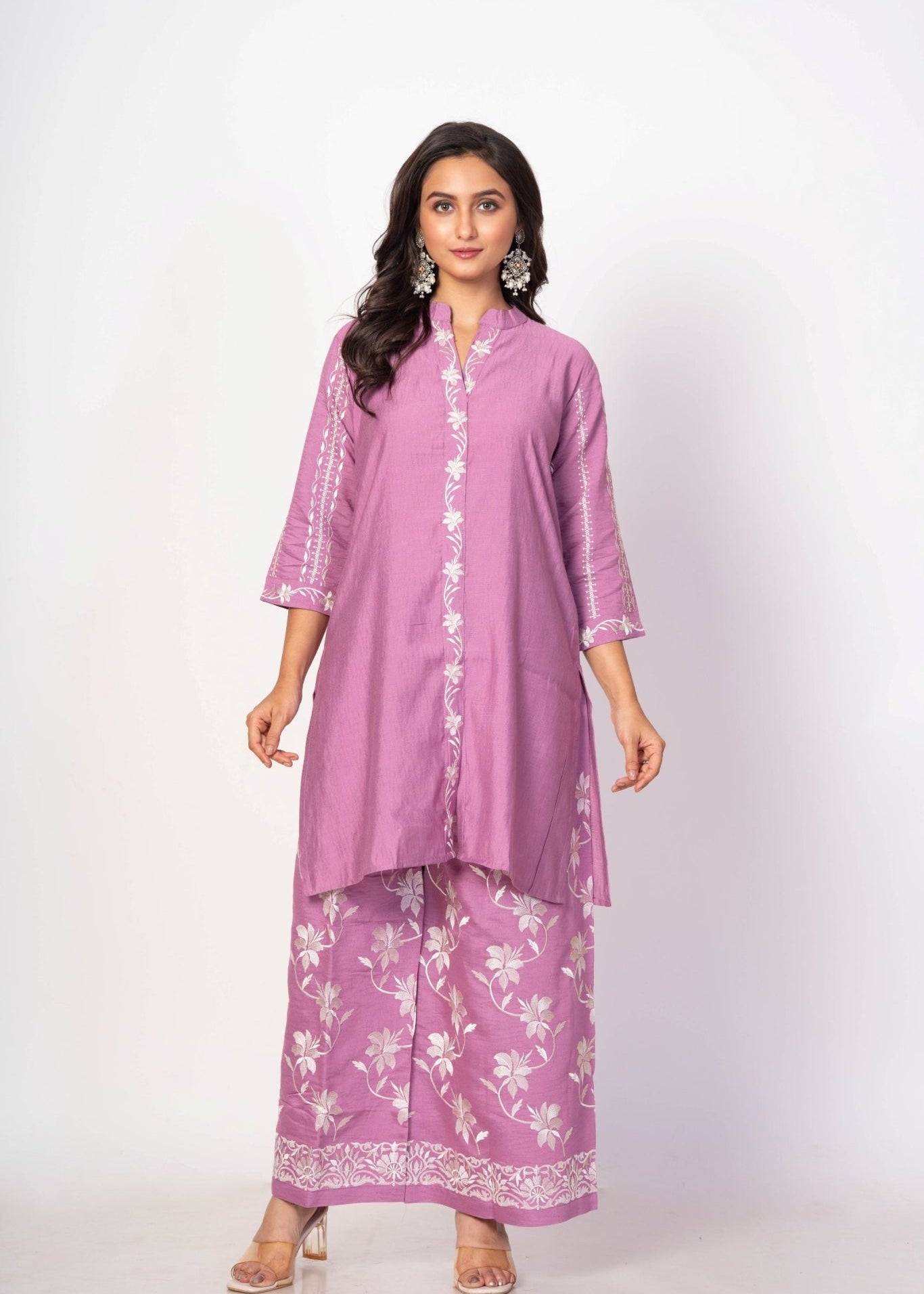 Purple Co - ord Set with White Embroidered Work - Anvi Couture