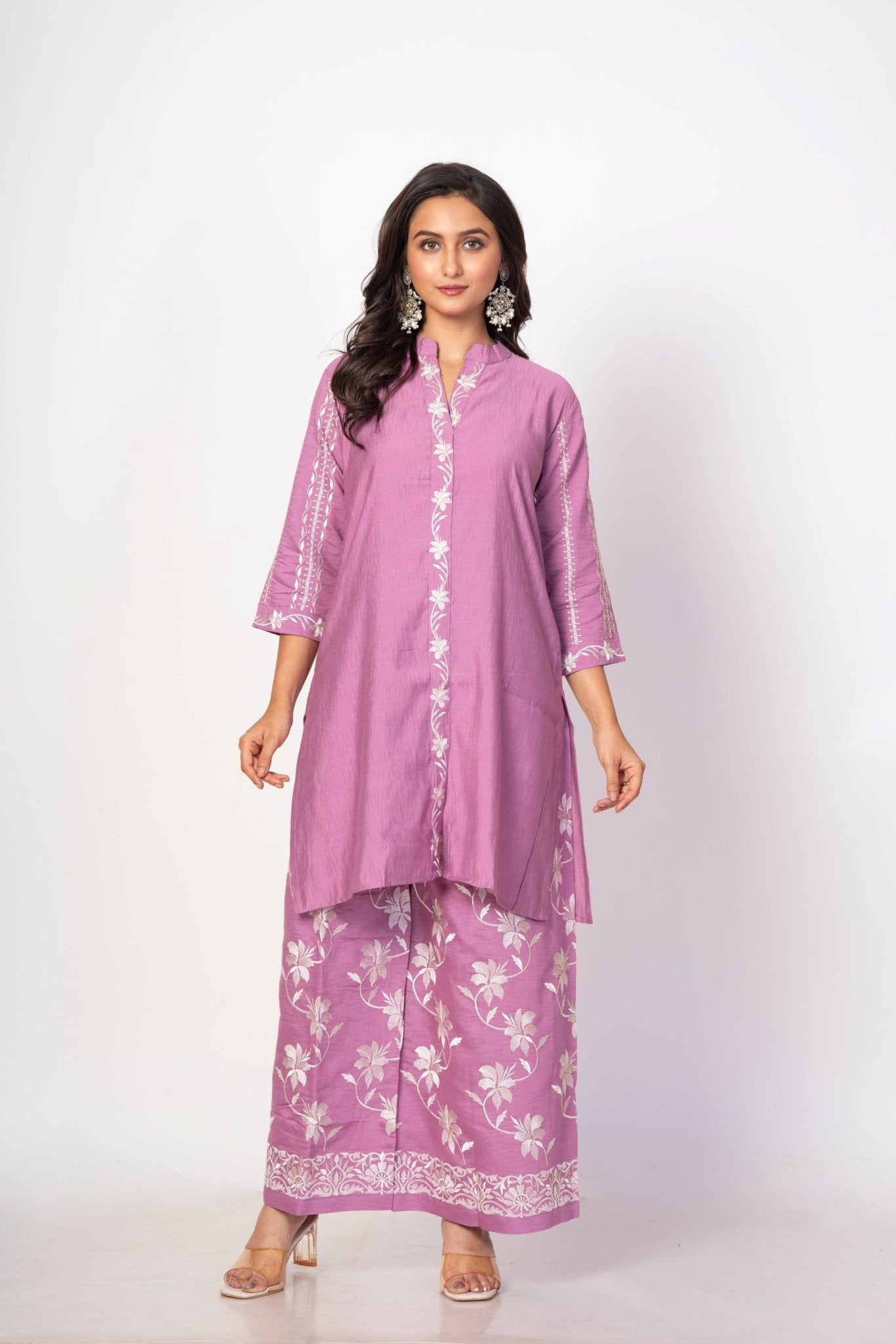 Purple Co - ord Set with White Embroidered Work - Anvi Couture