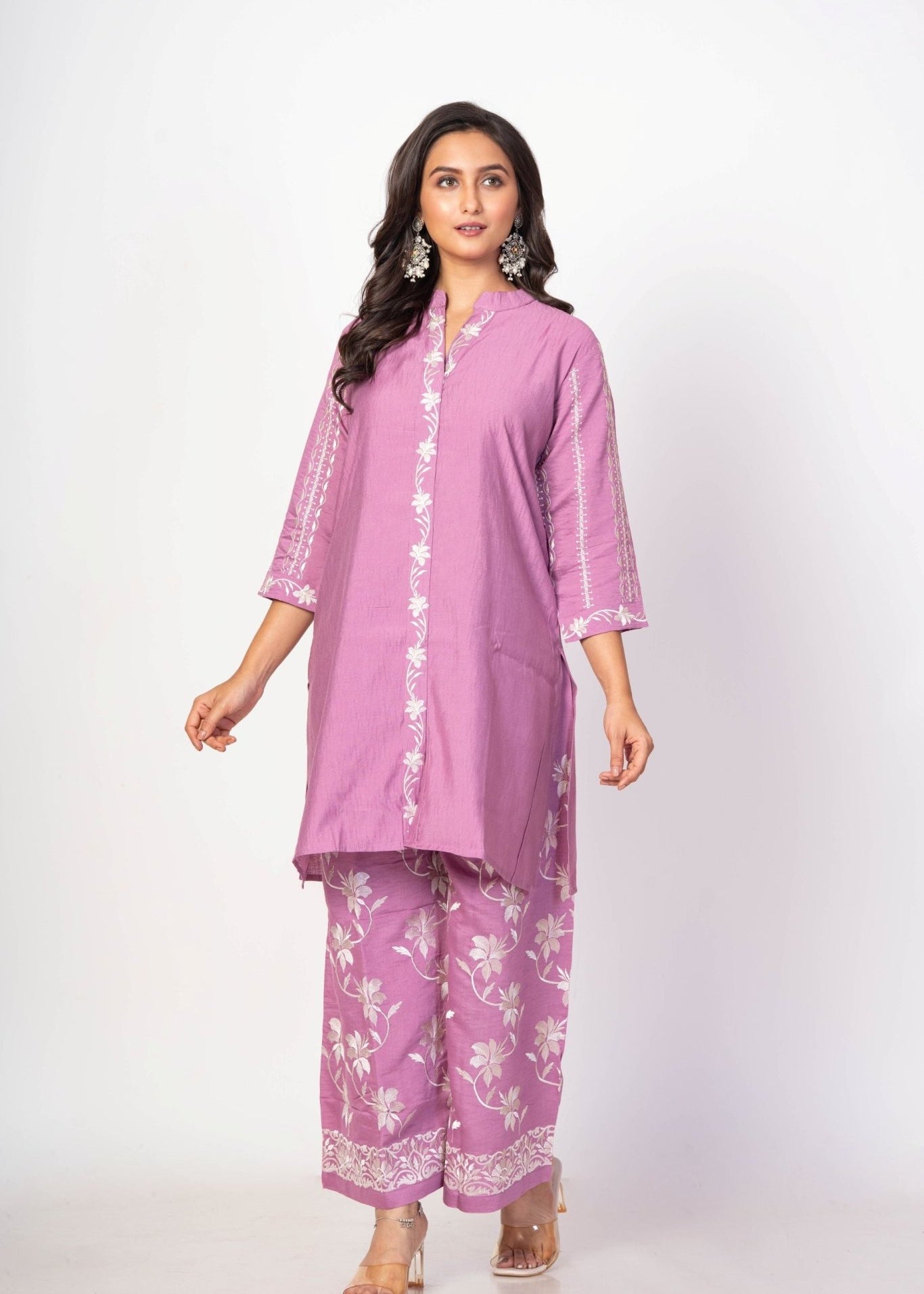 Purple Co - ord Set with White Embroidered Work - Anvi Couture